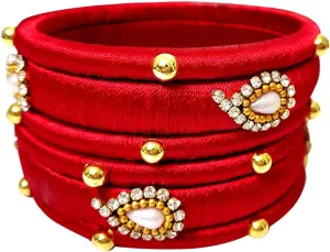 Silk Thread Red Designer Bangles with Gold Bead. Pack of 6 Bangles