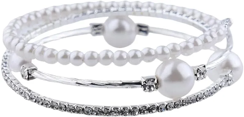 Silver Pearl Bangle Bracelet for Women Stackable Wedding Bangles for Bride Rhinestone Layered Bangle Bracelet for Women Bridal Bridesmaid Bangles Stretch Bangle Bracelets for Women Summer Bangles