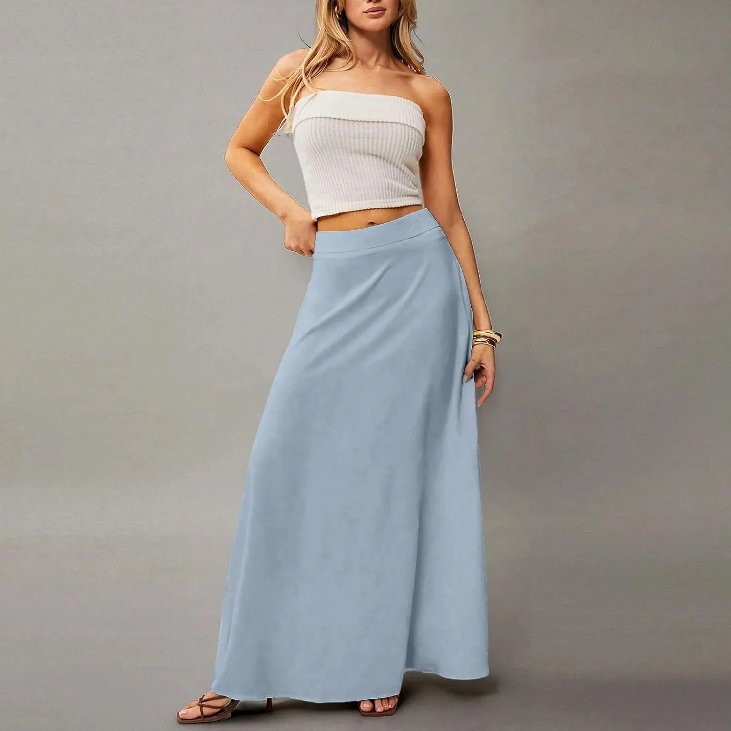 Skirts for Women Midi Length High Waisted Pleated A-Line Summer Swing Long Work Office with Pockets
