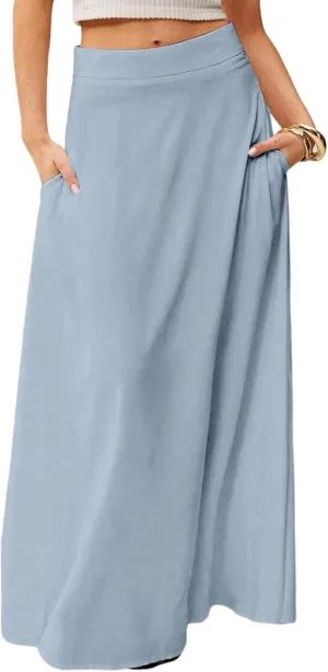 Skirts for Women Midi Length High Waisted Pleated A-Line Summer Swing Long Work Office with Pockets