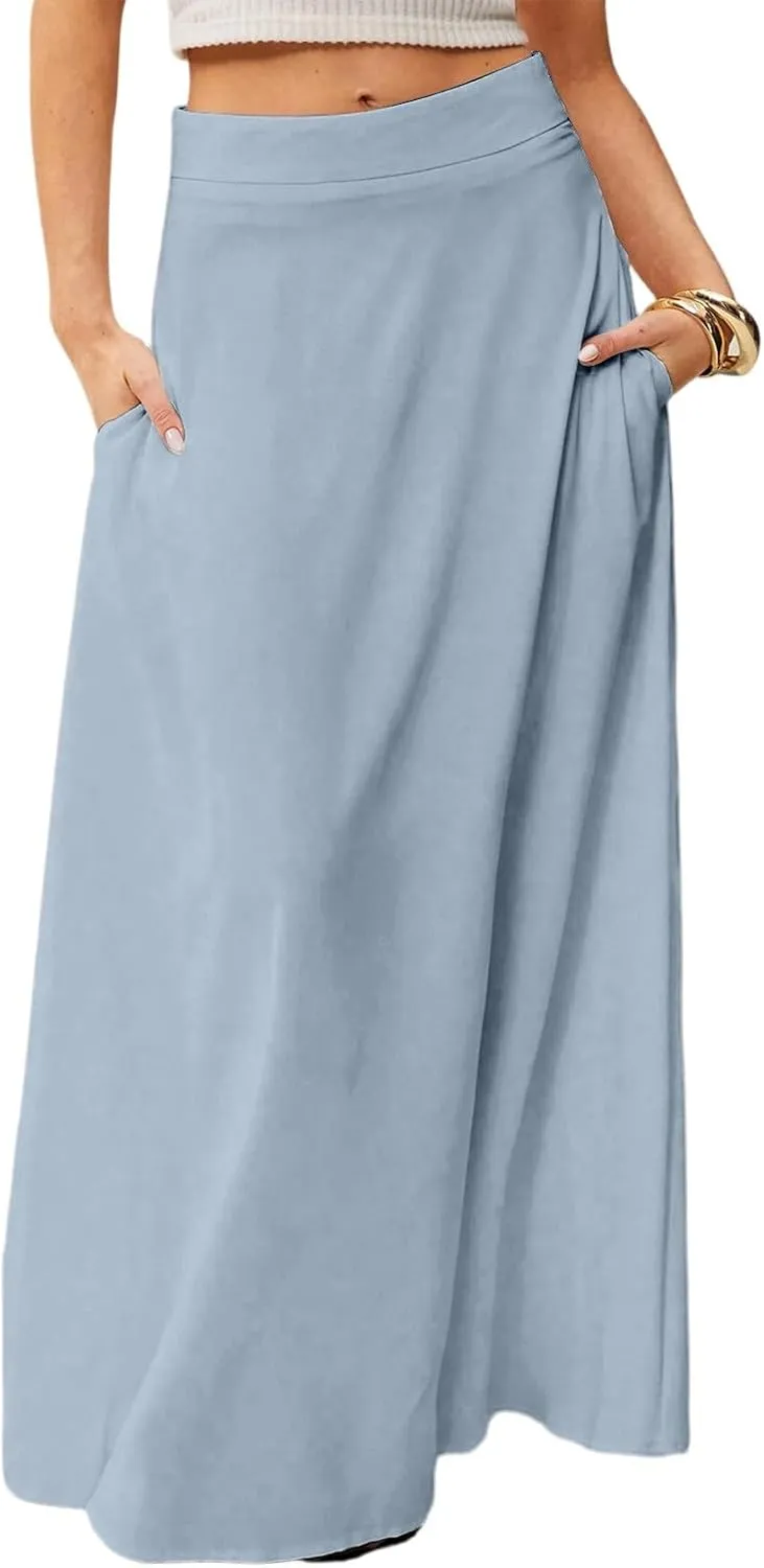 Skirts for Women Midi Length High Waisted Pleated A-Line Summer Swing Long Work Office with Pockets