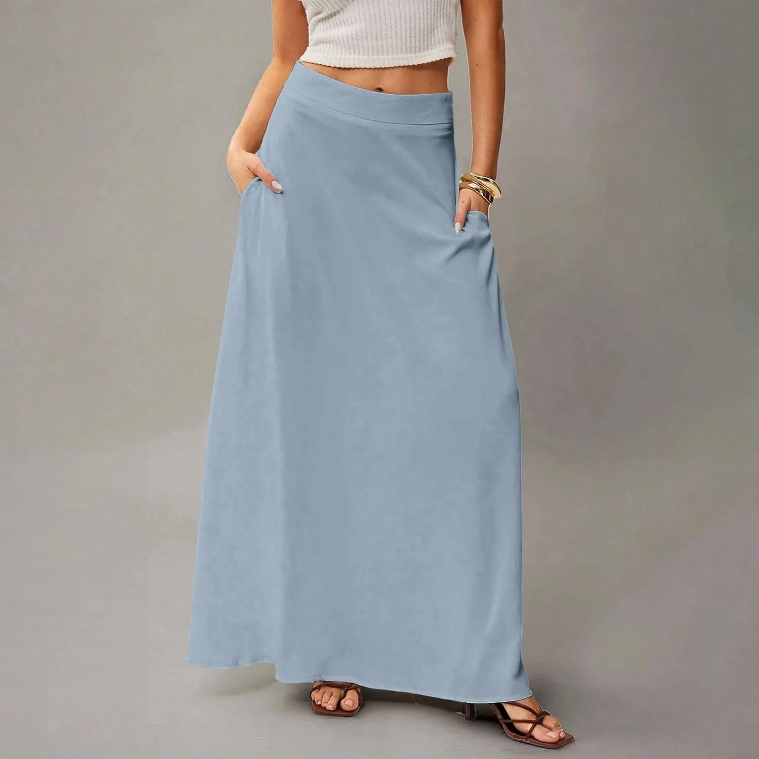 Skirts for Women Midi Length High Waisted Pleated A-Line Summer Swing Long Work Office with Pockets