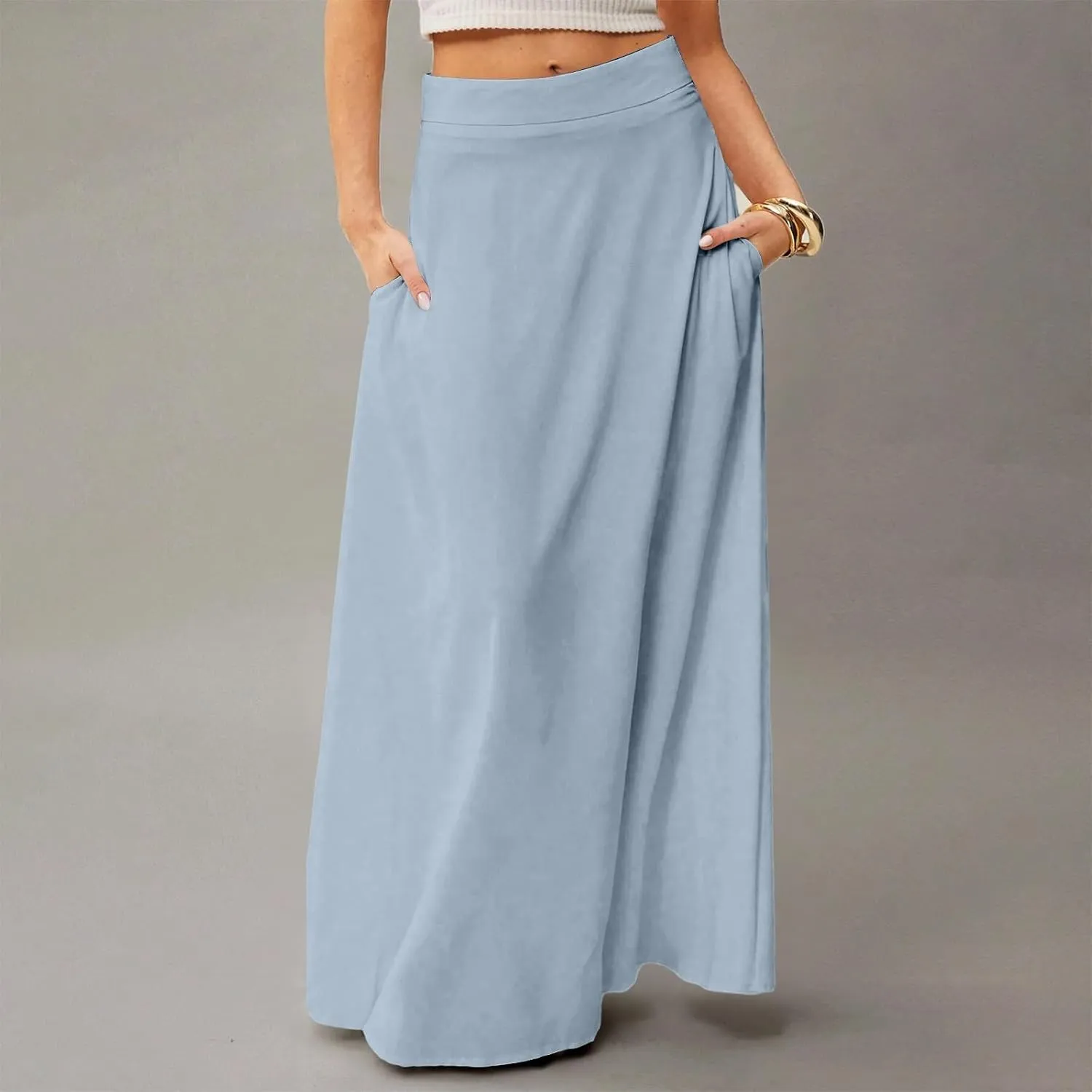 Skirts for Women Midi Length High Waisted Pleated A-Line Summer Swing Long Work Office with Pockets