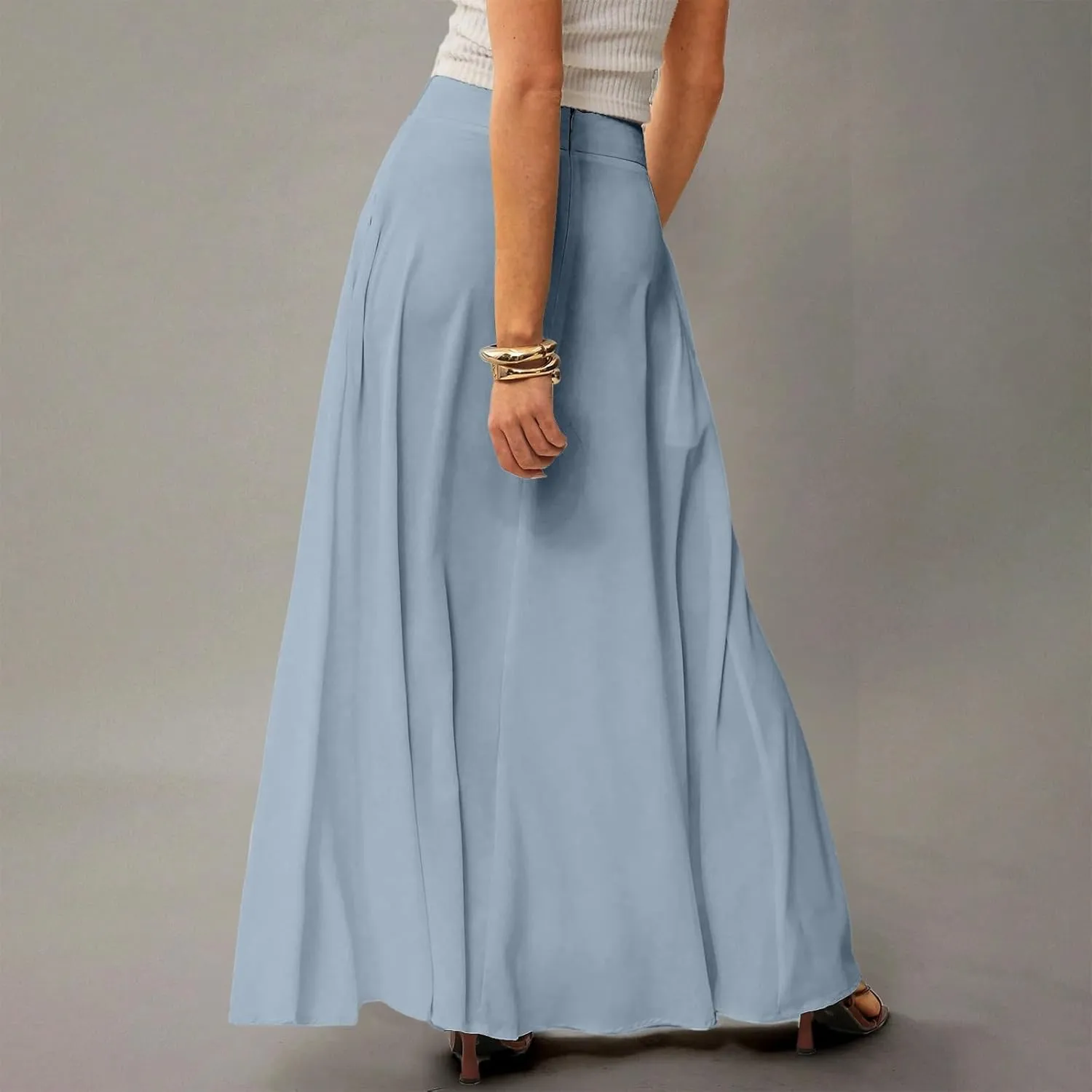 Skirts for Women Midi Length High Waisted Pleated A-Line Summer Swing Long Work Office with Pockets