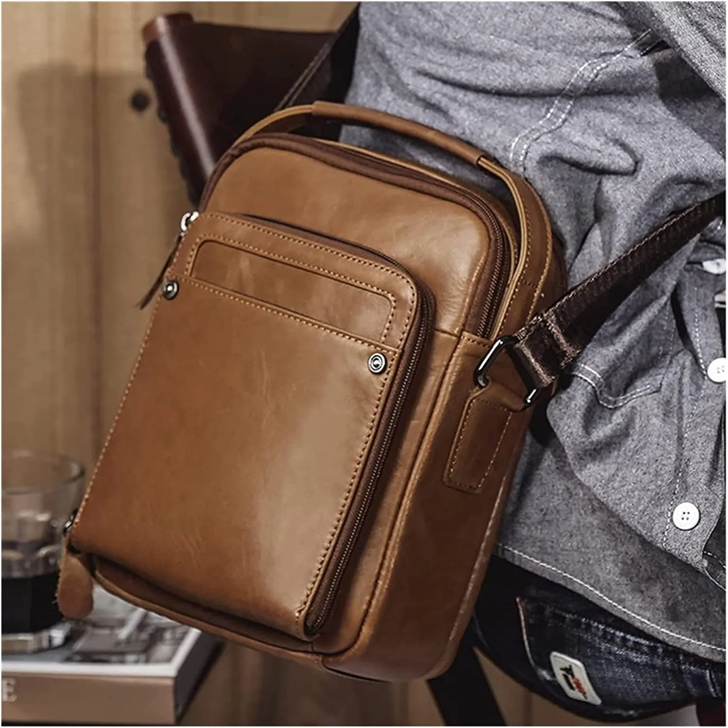 Small for Men Retro HandbagLeather Tablet Messenger Bag Multifunctional Vertical Shoulder Bag Vintage Crossbody Bag