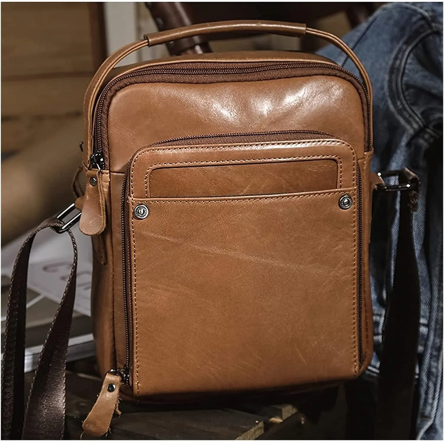 Small for Men Retro HandbagLeather Tablet Messenger Bag Multifunctional Vertical Shoulder Bag Vintage Crossbody Bag