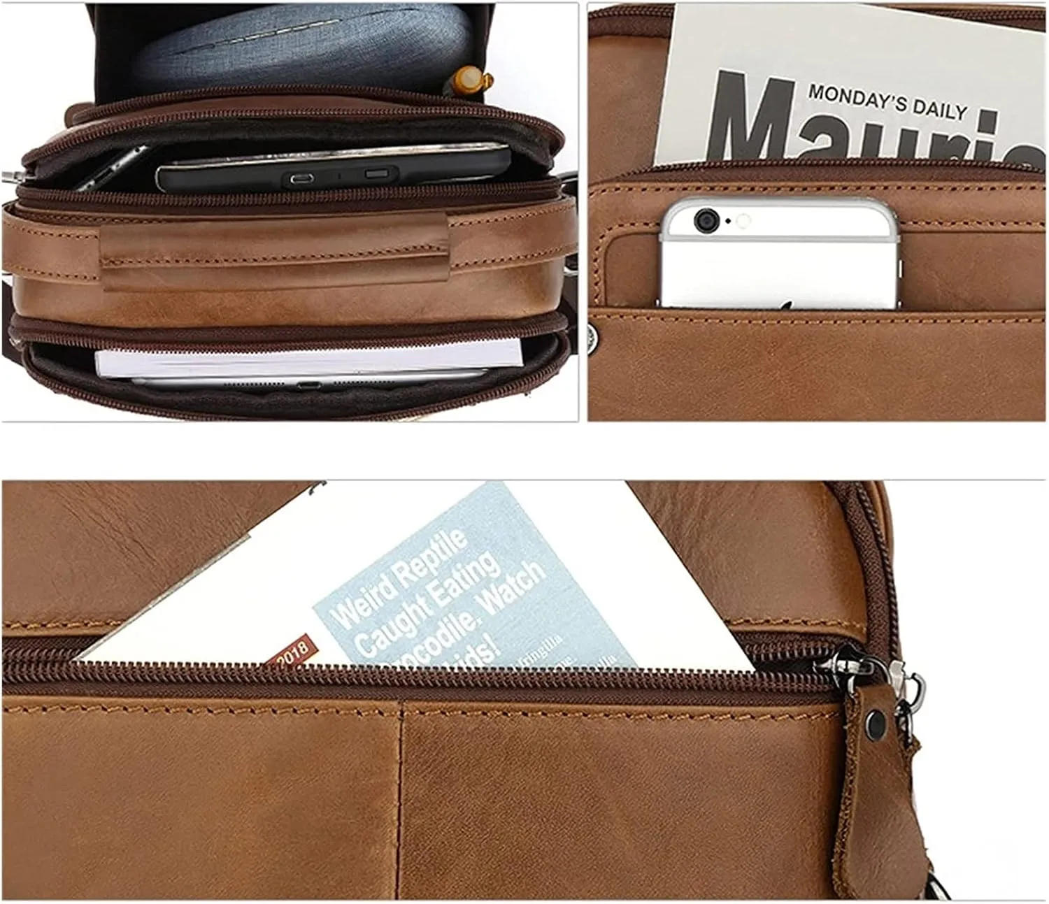 Small for Men Retro HandbagLeather Tablet Messenger Bag Multifunctional Vertical Shoulder Bag Vintage Crossbody Bag