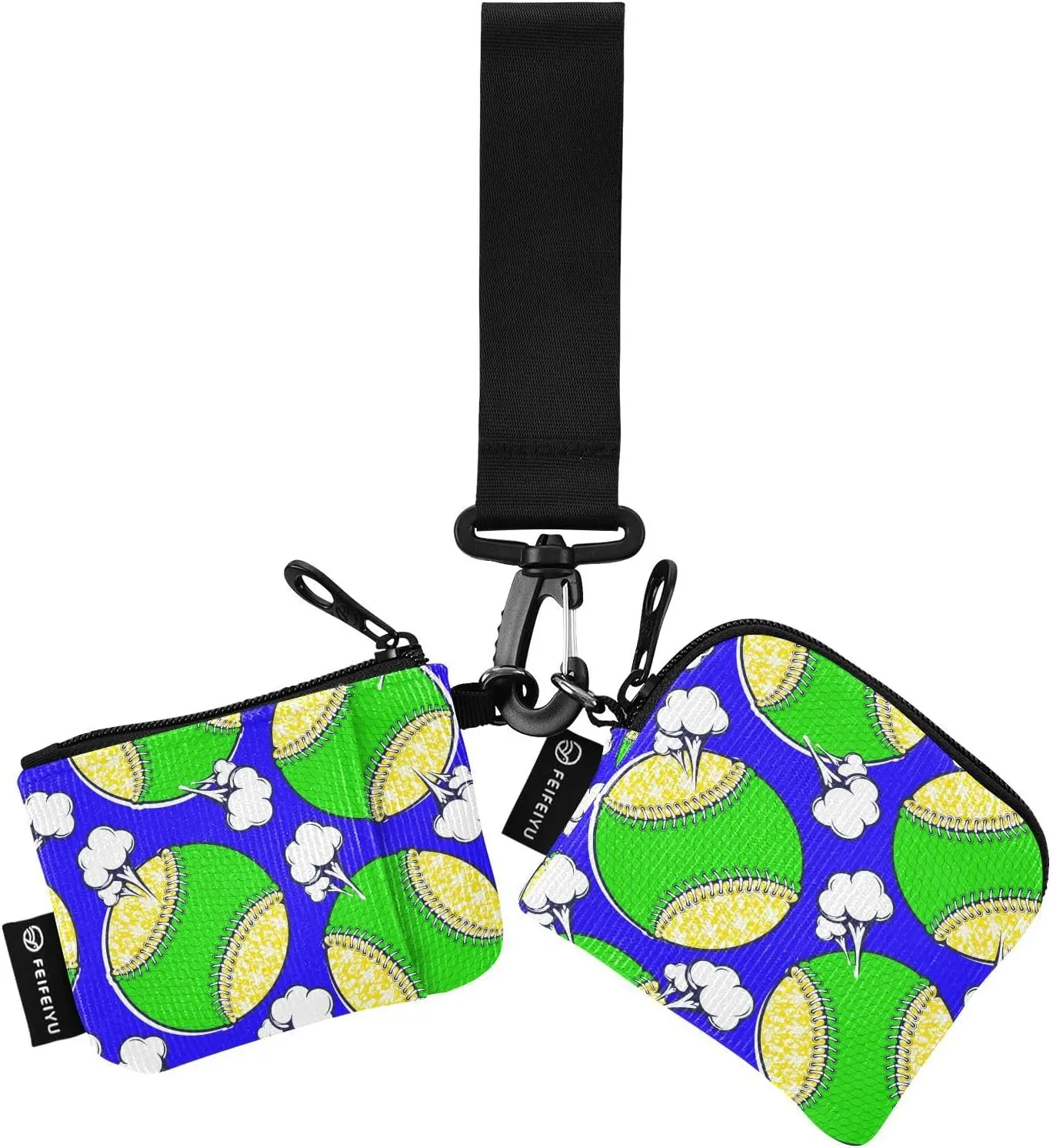 Small Wallet for Women Green Color Baseball Pattern Zip Around Dual Pouch Wristlet Wallets for Women Portable Card Wallet