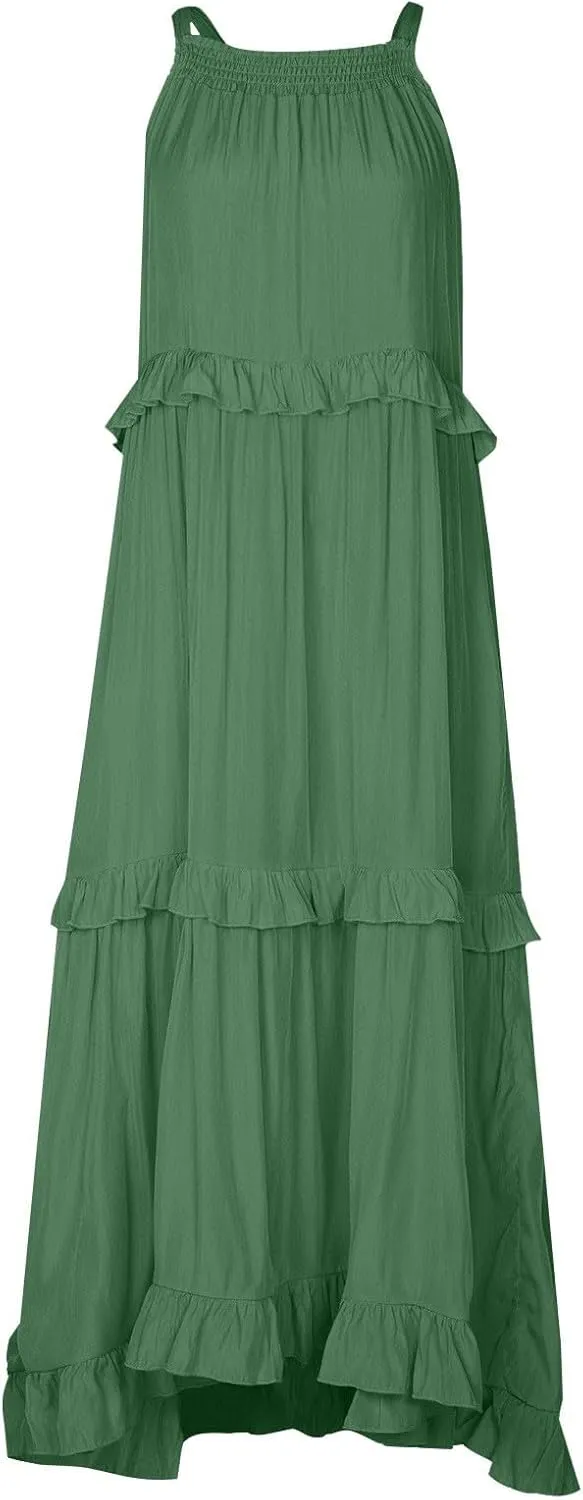 Smocked Halter Maxi Dress for Women Elegant Loose Flowy Tiered Ruffle Dress Summer Swing Beach Dresses with Pockets
