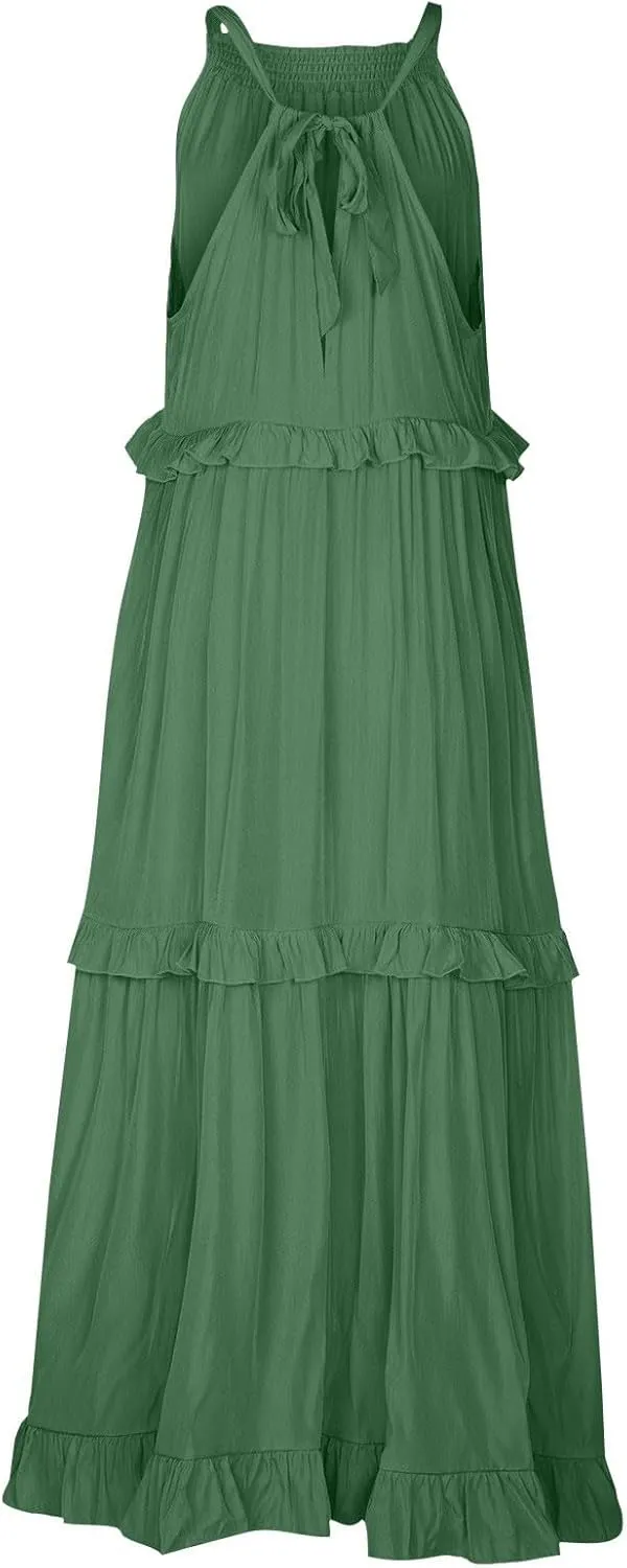 Smocked Halter Maxi Dress for Women Elegant Loose Flowy Tiered Ruffle Dress Summer Swing Beach Dresses with Pockets