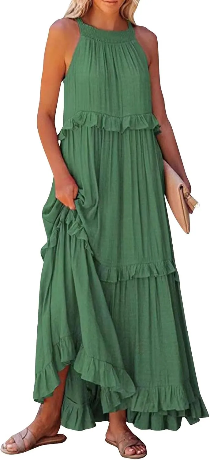Smocked Halter Maxi Dress for Women Elegant Loose Flowy Tiered Ruffle Dress Summer Swing Beach Dresses with Pockets