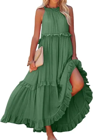 Smocked Halter Maxi Dress for Women Elegant Loose Flowy Tiered Ruffle Dress Summer Swing Beach Dresses with Pockets