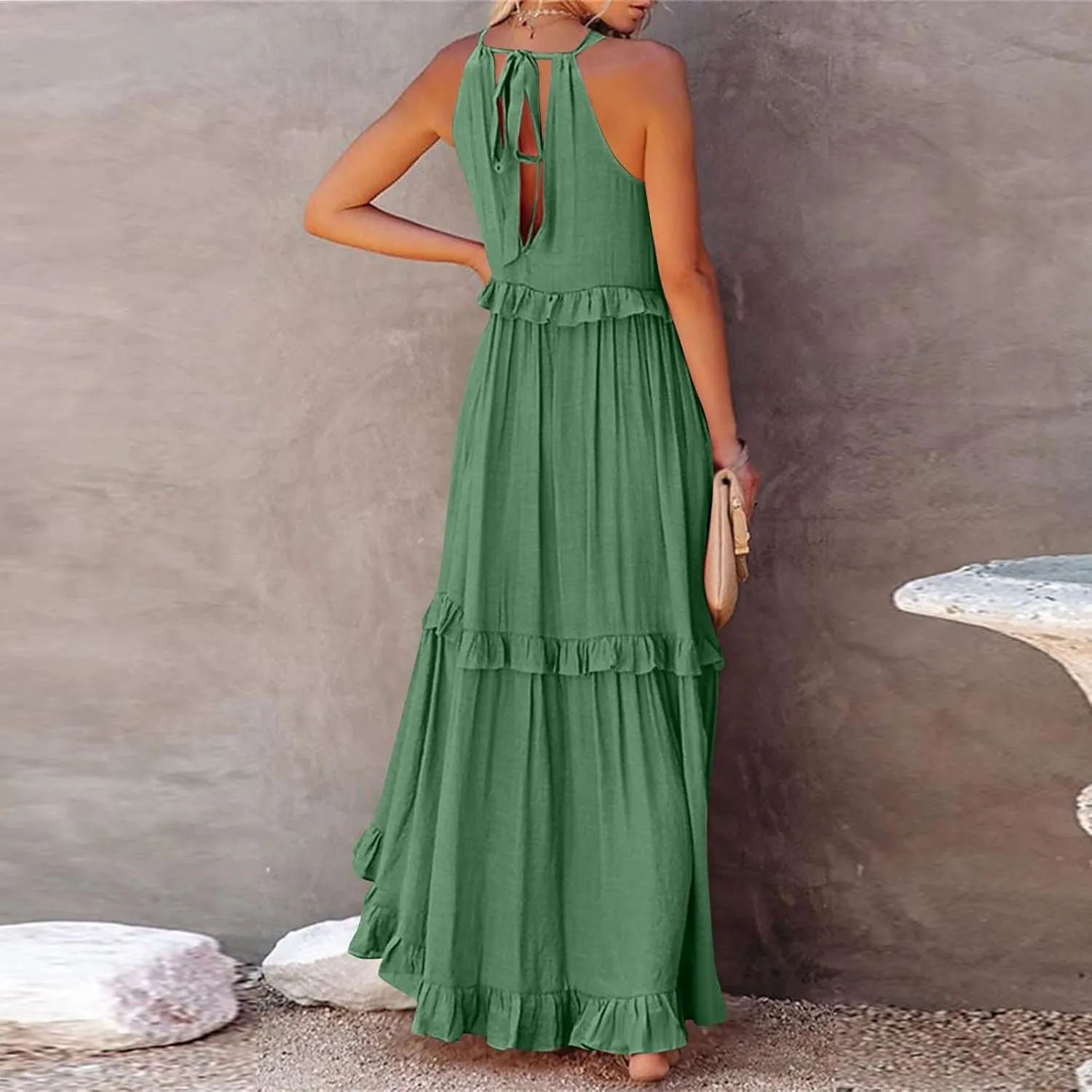 Smocked Halter Maxi Dress for Women Elegant Loose Flowy Tiered Ruffle Dress Summer Swing Beach Dresses with Pockets