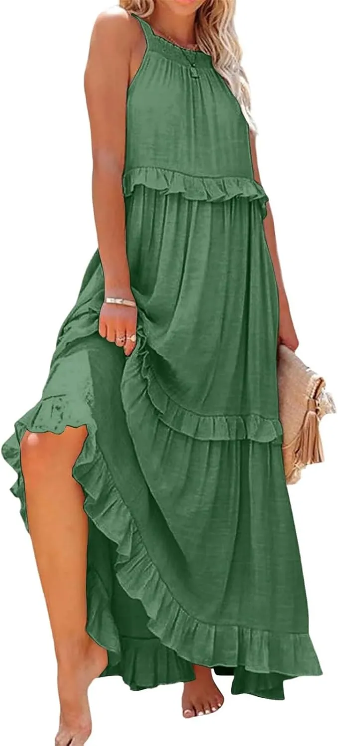 Smocked Halter Maxi Dress for Women Elegant Loose Flowy Tiered Ruffle Dress Summer Swing Beach Dresses with Pockets