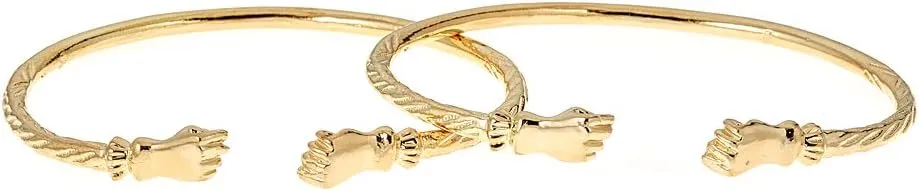 Solid .925 Sterling Silver Fist Ends West Indian Bangles Plated with 14K Gold (PAIR)
