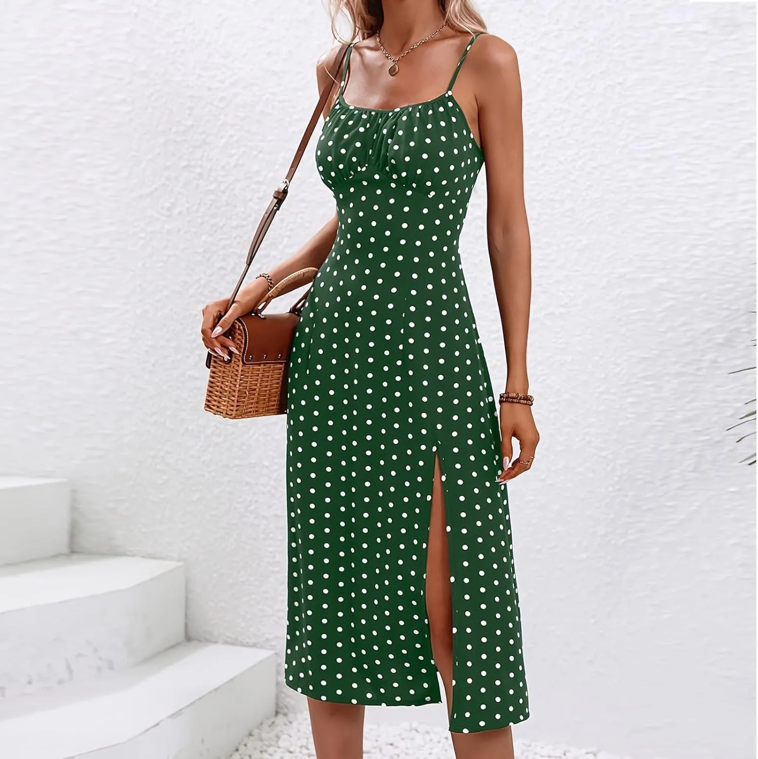 Spaghetti Strap Midi Dresses for Women Sexy Elegant Side Slit Prom Dresses Summer Slim Fit Sexy A Line Beach Dress