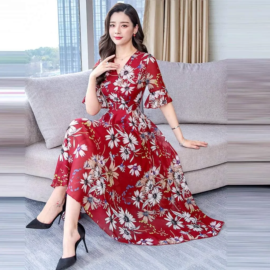 Spring Dresses for Women 2024 Trendy Flowy Casual V Neck 3/4 Sleeve Floral Maxi Dress Plus Size A Line Summer Long Dresses