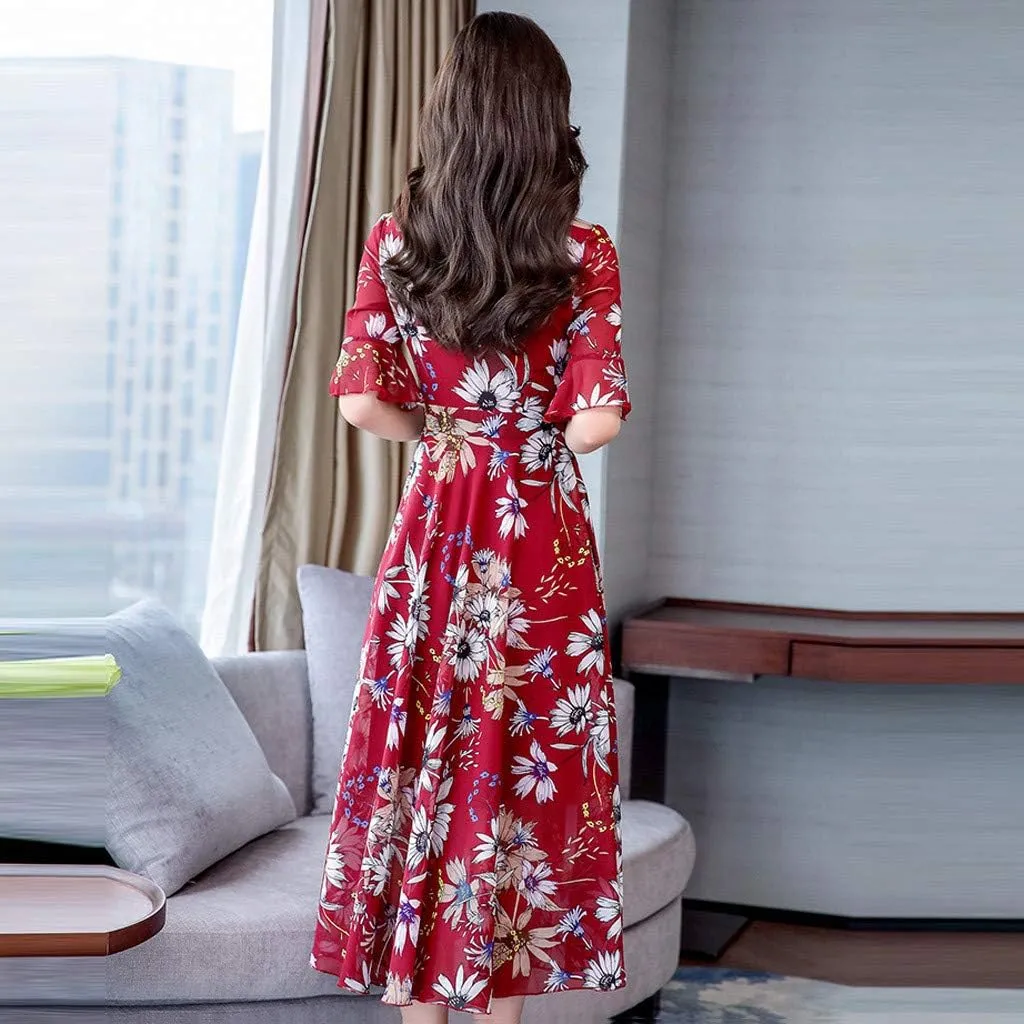 Spring Dresses for Women 2024 Trendy Flowy Casual V Neck 3/4 Sleeve Floral Maxi Dress Plus Size A Line Summer Long Dresses