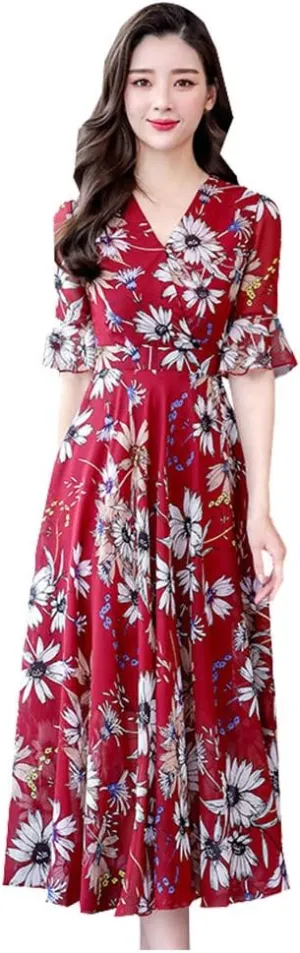 Spring Dresses for Women 2024 Trendy Flowy Casual V Neck 3/4 Sleeve Floral Maxi Dress Plus Size A Line Summer Long Dresses