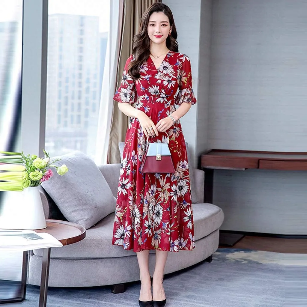 Spring Dresses for Women 2024 Trendy Flowy Casual V Neck 3/4 Sleeve Floral Maxi Dress Plus Size A Line Summer Long Dresses