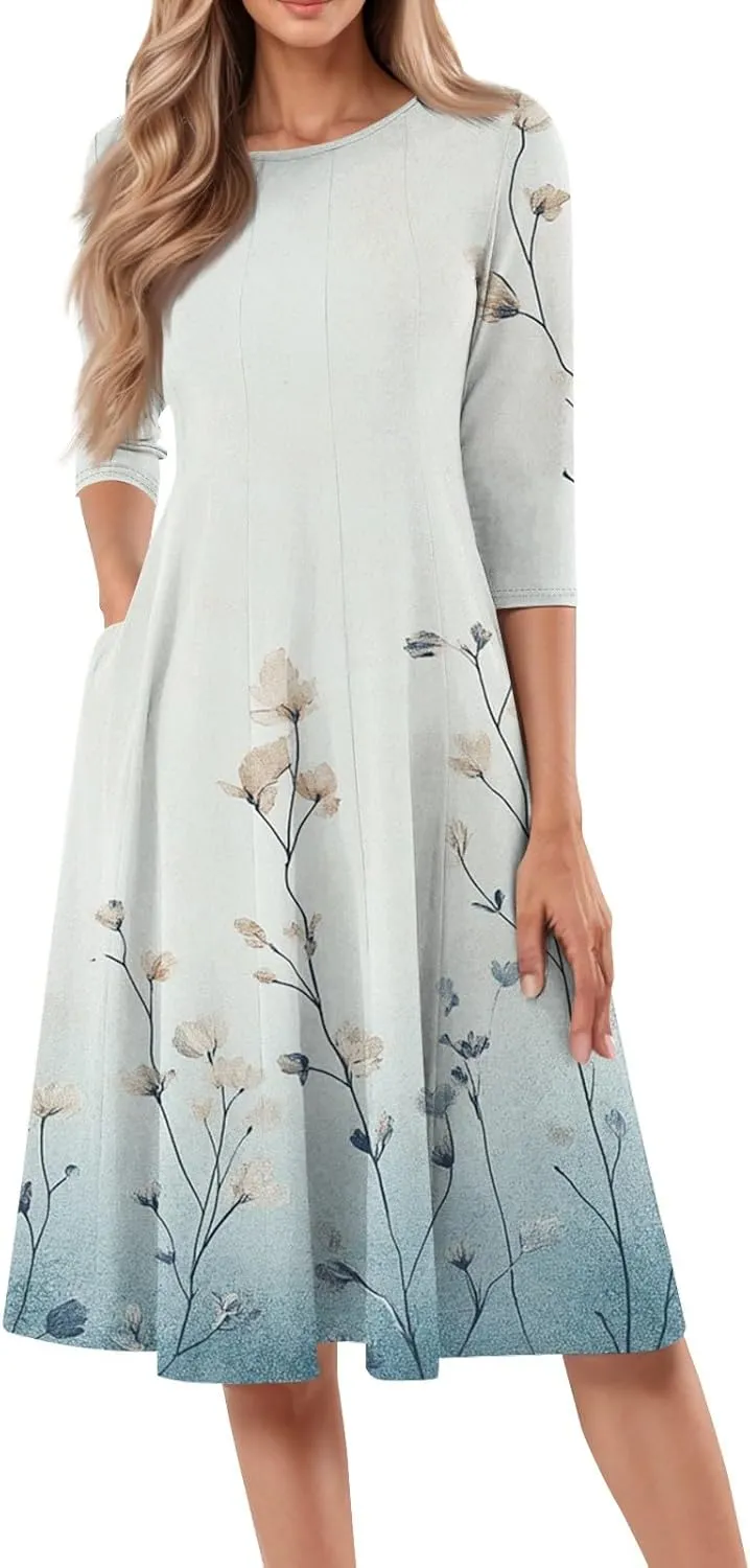 Spring Dresses for Women 2025 3/4 Sleeve Round Neck Church Dresses Pleated Knee Length Dress with Pockets Curvy Dress