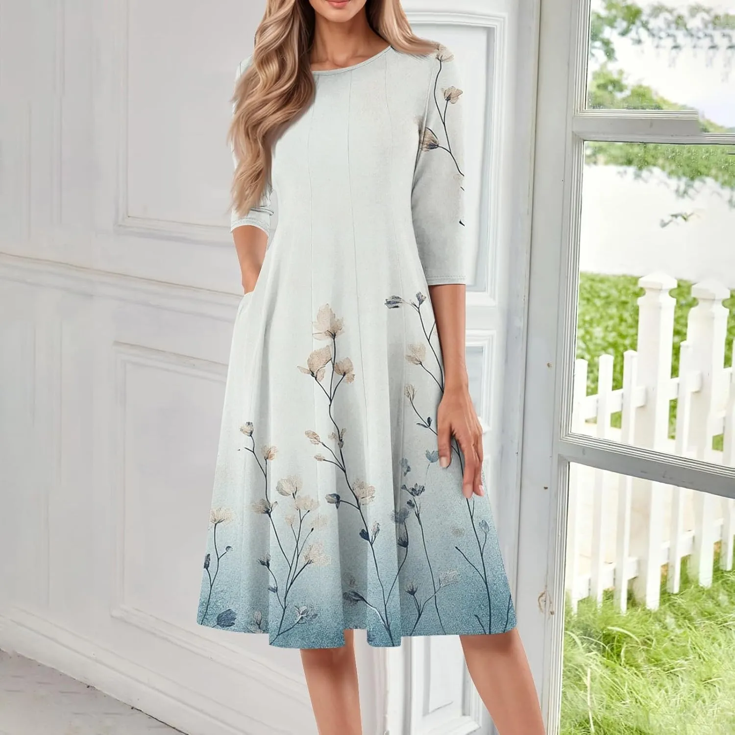 Spring Dresses for Women 2025 3/4 Sleeve Round Neck Church Dresses Pleated Knee Length Dress with Pockets Curvy Dress