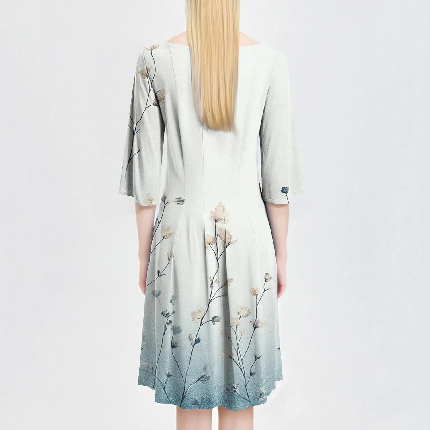 Spring Dresses for Women 2025 3/4 Sleeve Round Neck Church Dresses Pleated Knee Length Dress with Pockets Curvy Dress