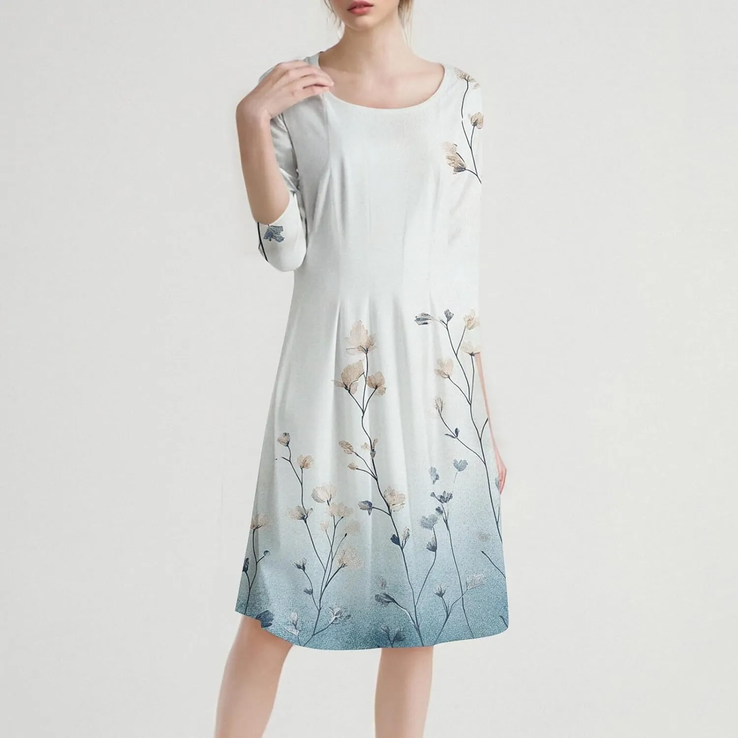 Spring Dresses for Women 2025 3/4 Sleeve Round Neck Church Dresses Pleated Knee Length Dress with Pockets Curvy Dress
