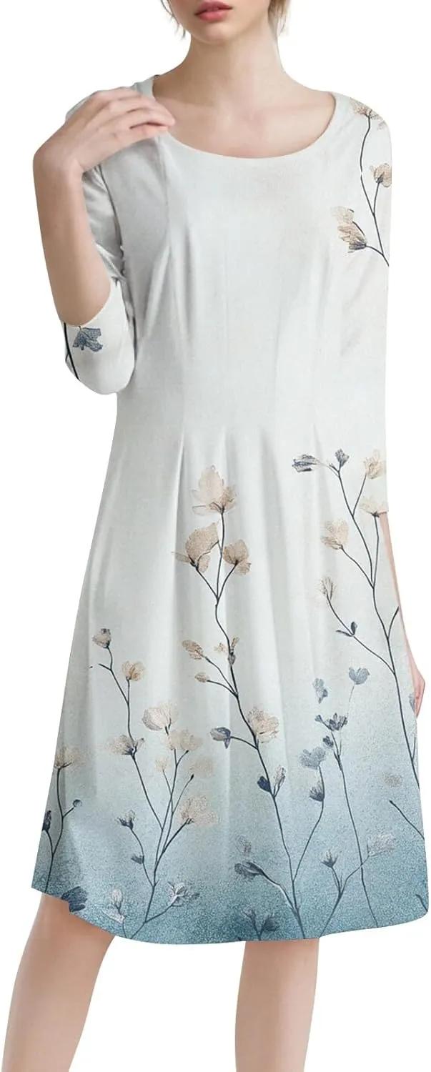 Spring Dresses for Women 2025 3/4 Sleeve Round Neck Church Dresses Pleated Knee Length Dress with Pockets Curvy Dress