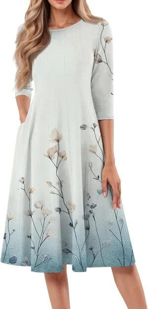 Spring Dresses for Women 2025 3/4 Sleeve Round Neck Church Dresses Pleated Knee Length Dress with Pockets Curvy Dress