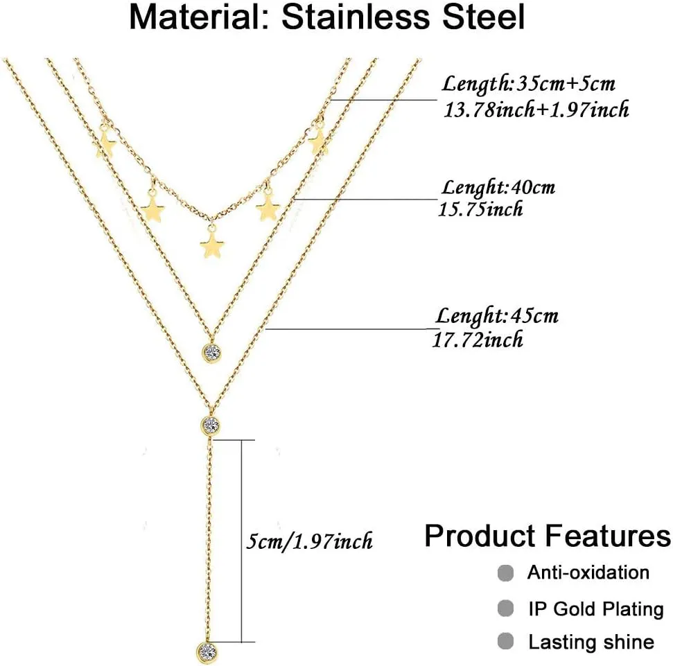 Stainless Steel Collar Necklaces 3 Layer Crystal Star Pendant Necklaces For Women Multilayer Star Necklaces Jewelry (1 layer gold- )
