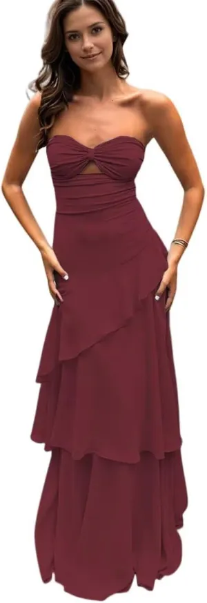 Strapless Bridesmaid Dresses for Women 2025 Tiered Ruffles Chiffon Prom Dresses Sweetheart A-Line Evening Gowns
