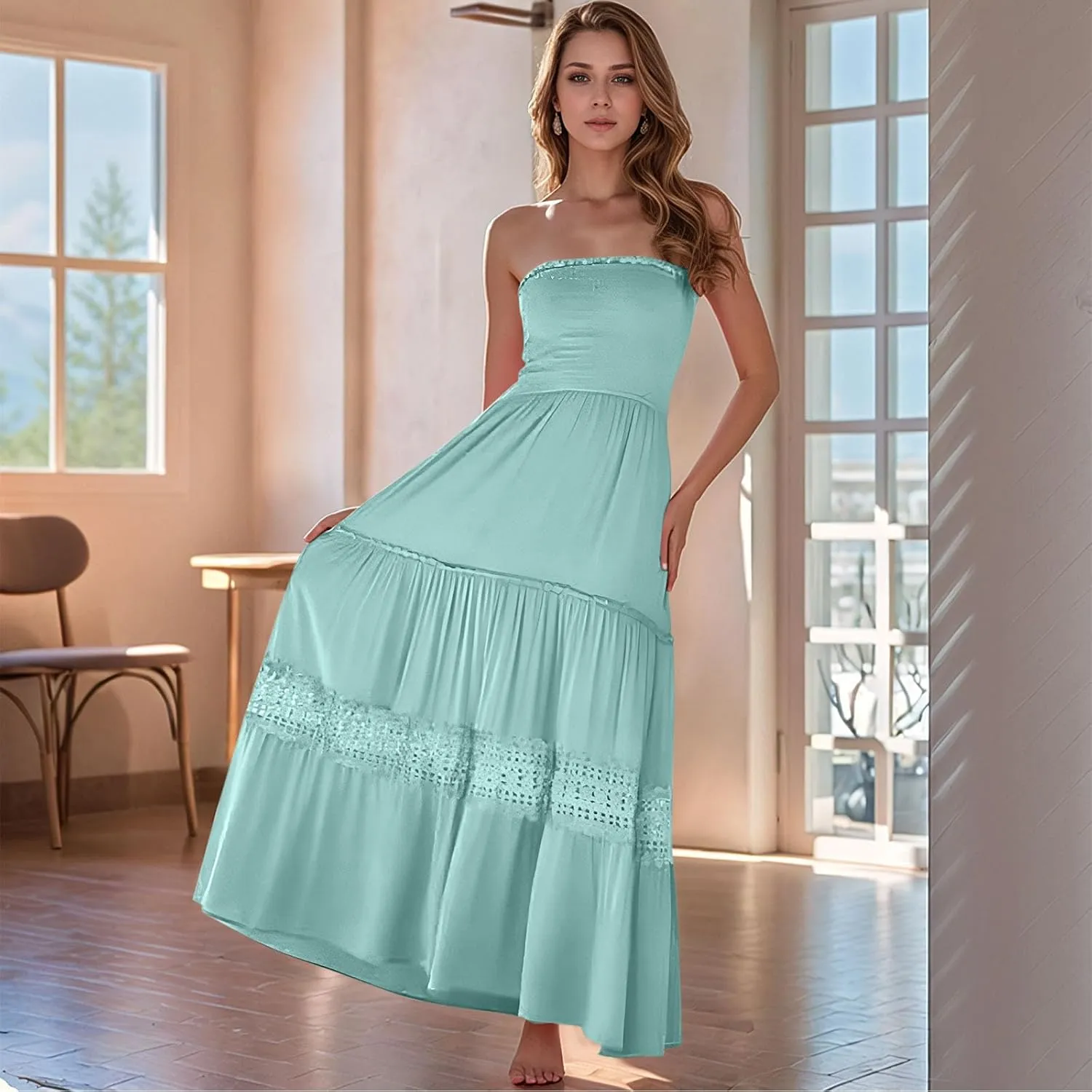 Strapless Maxi Dress Summer Smocked Ruffle Empire Waist A Line Dress Boho Beach Vacation Long Flowy Tube Dresses