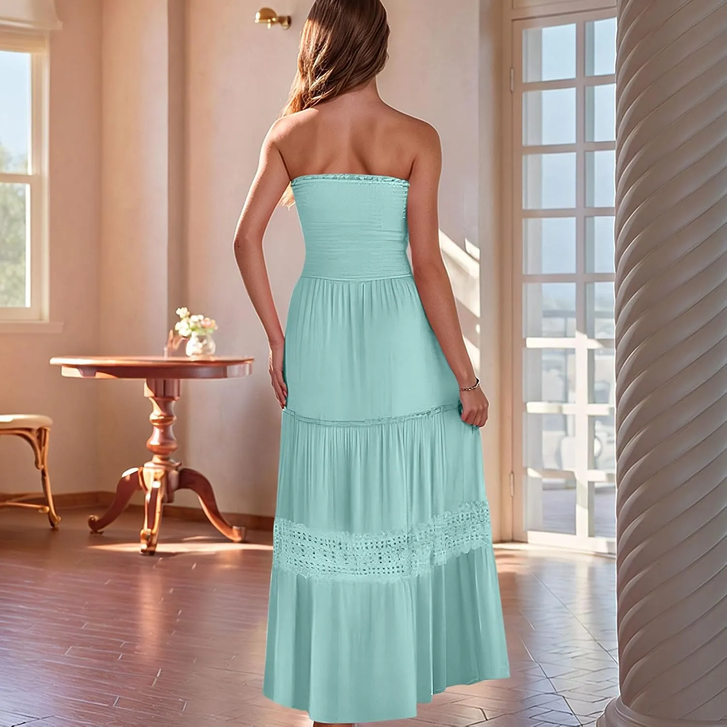 Strapless Maxi Dress Summer Smocked Ruffle Empire Waist A Line Dress Boho Beach Vacation Long Flowy Tube Dresses