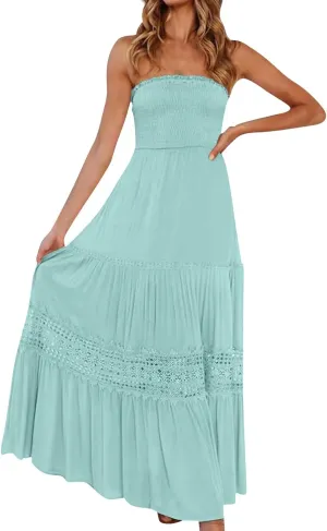 Strapless Maxi Dress Summer Smocked Ruffle Empire Waist A Line Dress Boho Beach Vacation Long Flowy Tube Dresses