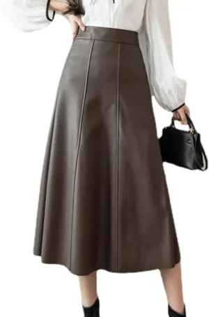Sumleno Women's Casual High Waist A-line Long PU Leather Skirt Faux Leather Flared Midi Skirt