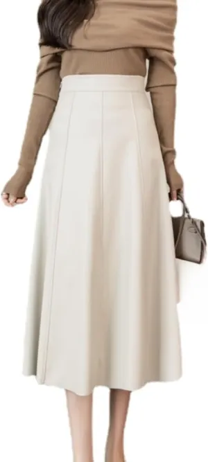 Sumleno Women's Casual High Waist A-line Long PU Leather Skirt Faux Leather Flared Midi Skirt