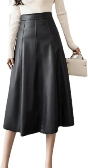 Sumleno Women's Casual High Waist A-line Long PU Leather Skirt Faux Leather Flared Midi Skirt
