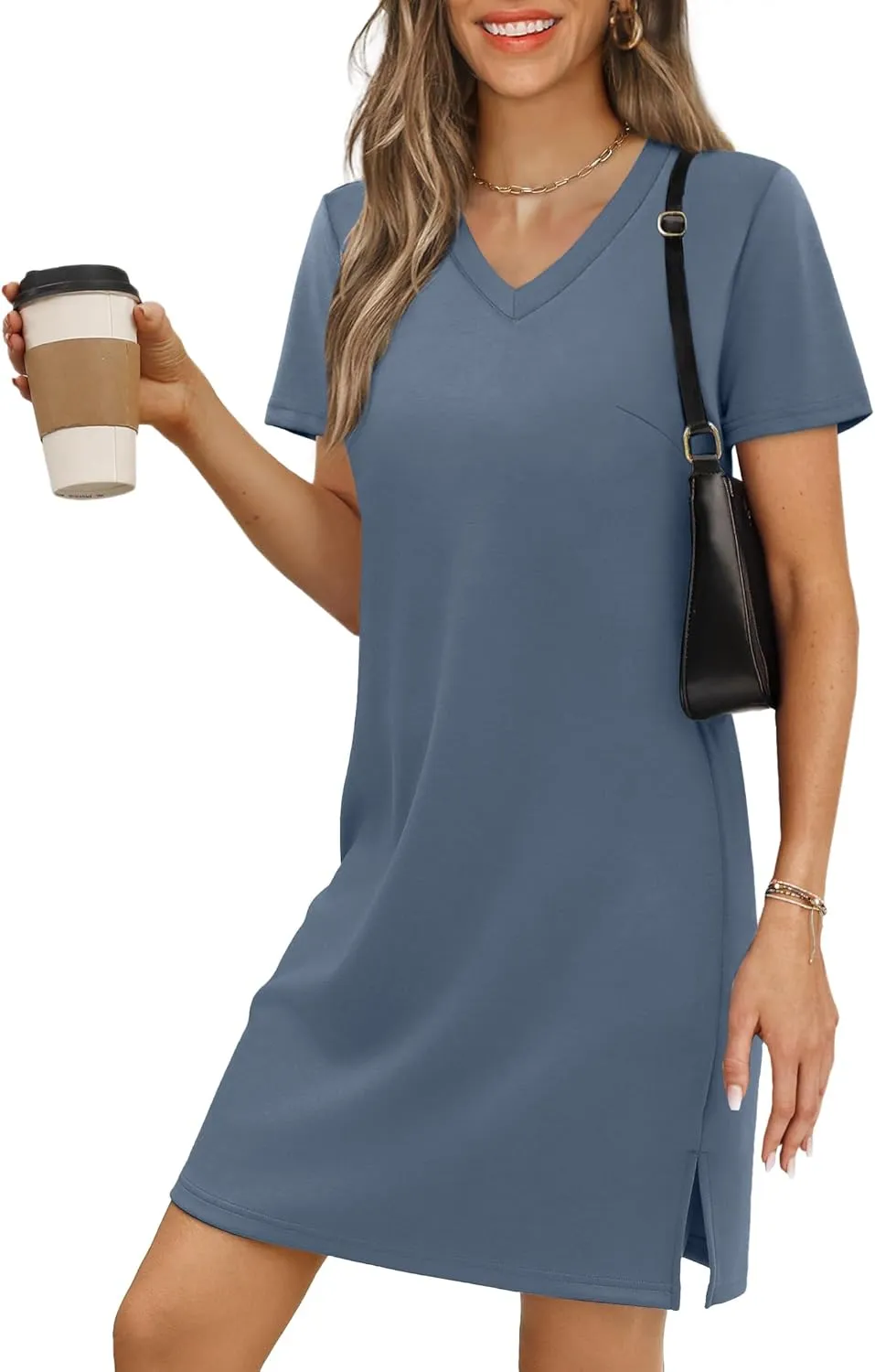 Summer Casual Dresses for Women 2025 Mini Vacation Dress V-Neck Short Sleeve Split Hem Beach Sundress