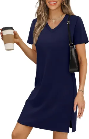 Summer Casual Dresses for Women 2025 Mini Vacation Dress V-Neck Short Sleeve Split Hem Beach Sundress