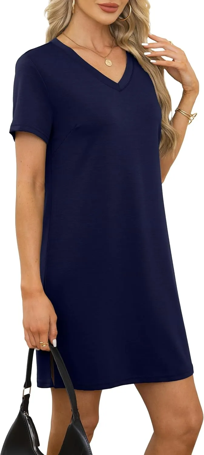 Summer Casual Dresses for Women 2025 Mini Vacation Dress V-Neck Short Sleeve Split Hem Beach Sundress