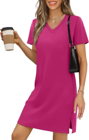 Summer Casual Dresses for Women 2025 Mini Vacation Dress V-Neck Short Sleeve Split Hem Beach Sundress