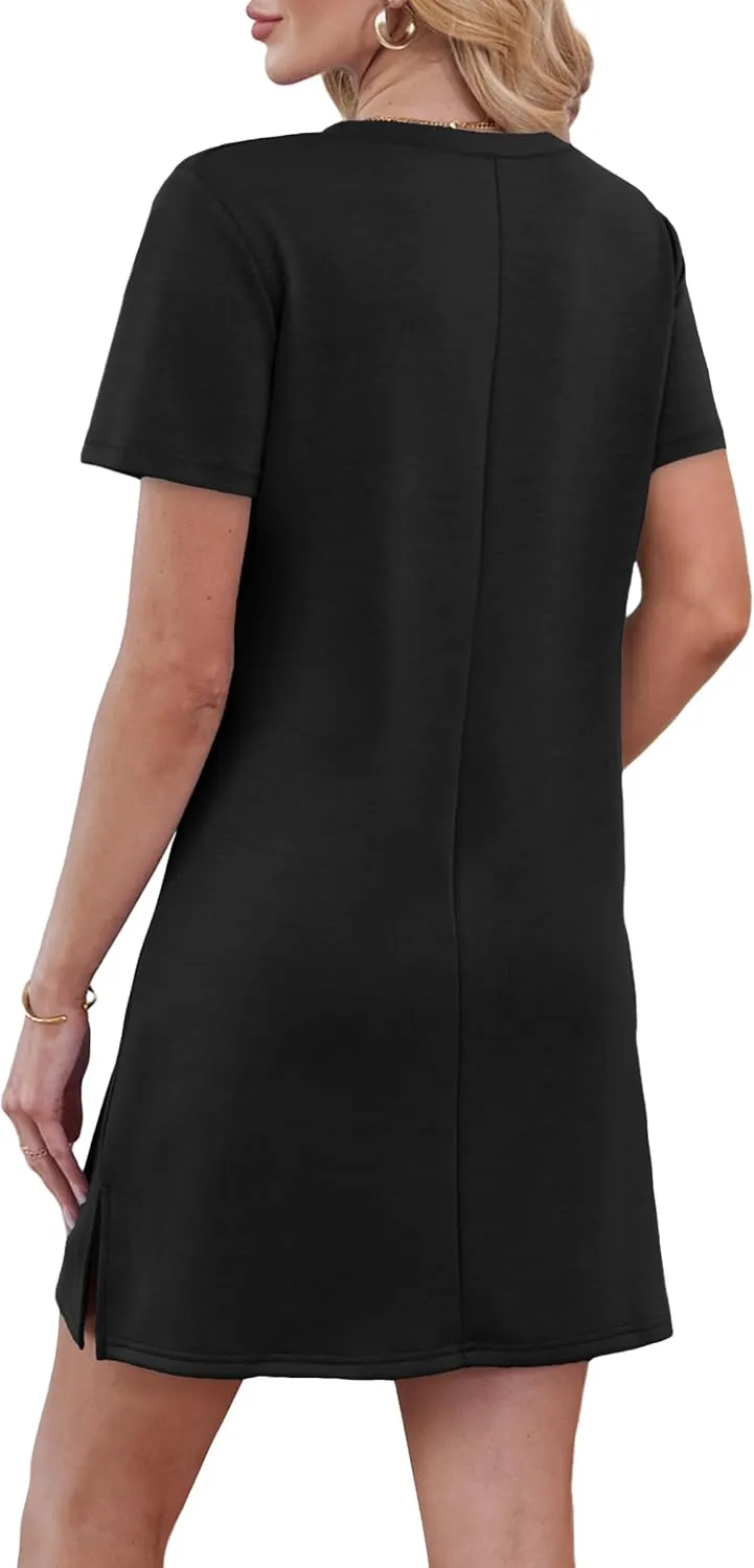Summer Casual Dresses for Women 2025 Mini Vacation Dress V-Neck Short Sleeve Split Hem Beach Sundress