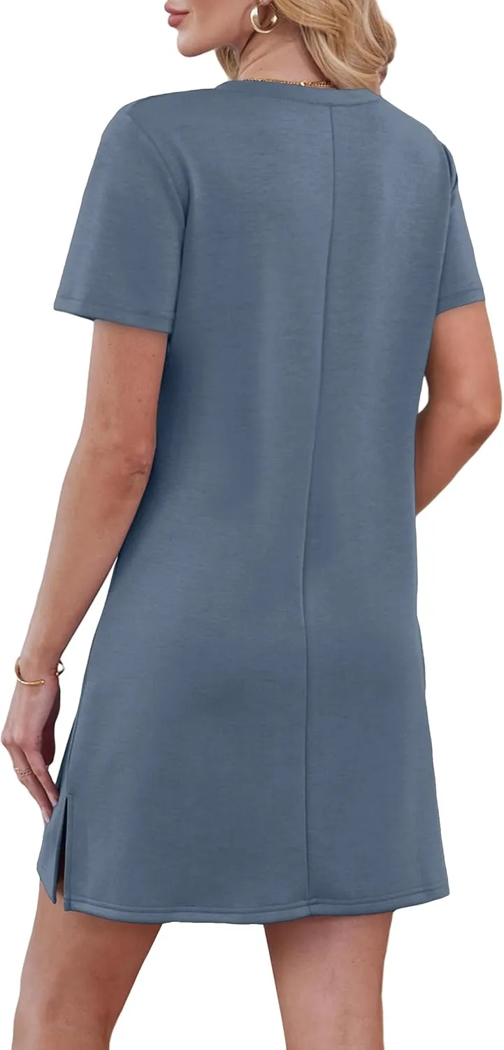 Summer Casual Dresses for Women 2025 Mini Vacation Dress V-Neck Short Sleeve Split Hem Beach Sundress