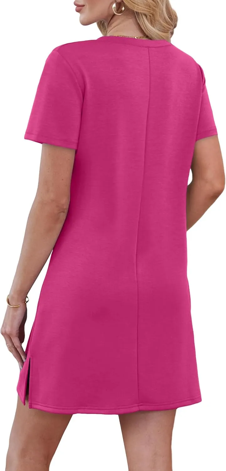 Summer Casual Dresses for Women 2025 Mini Vacation Dress V-Neck Short Sleeve Split Hem Beach Sundress