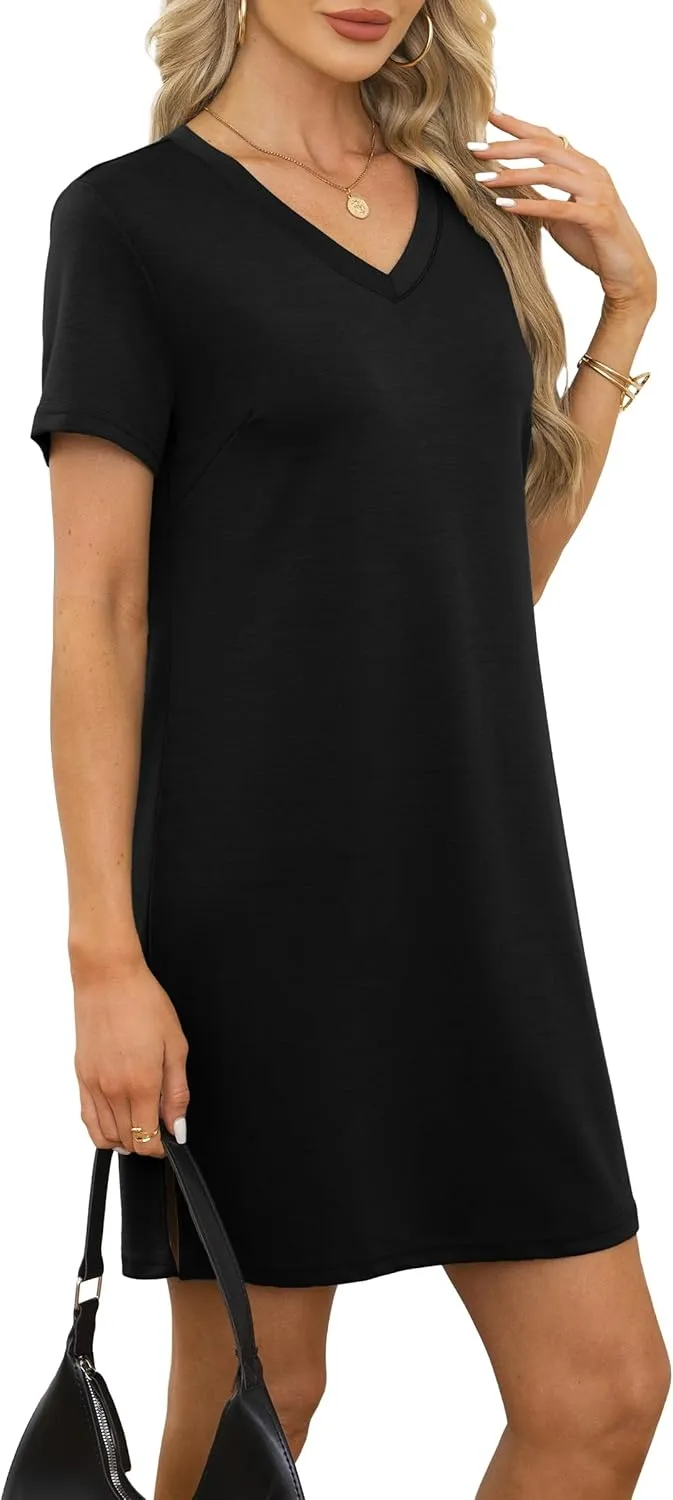 Summer Casual Dresses for Women 2025 Mini Vacation Dress V-Neck Short Sleeve Split Hem Beach Sundress