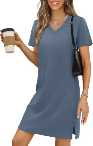 Summer Casual Dresses for Women 2025 Mini Vacation Dress V-Neck Short Sleeve Split Hem Beach Sundress