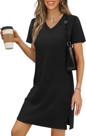 Summer Casual Dresses for Women 2025 Mini Vacation Dress V-Neck Short Sleeve Split Hem Beach Sundress
