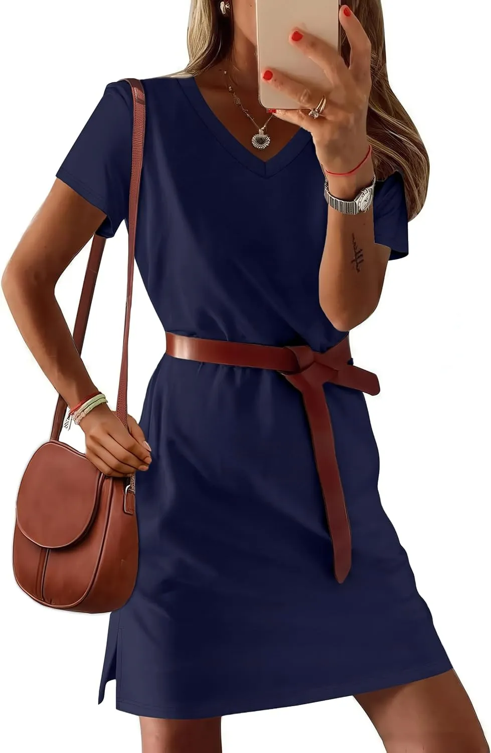 Summer Casual Dresses for Women 2025 Mini Vacation Dress V-Neck Short Sleeve Split Hem Beach Sundress