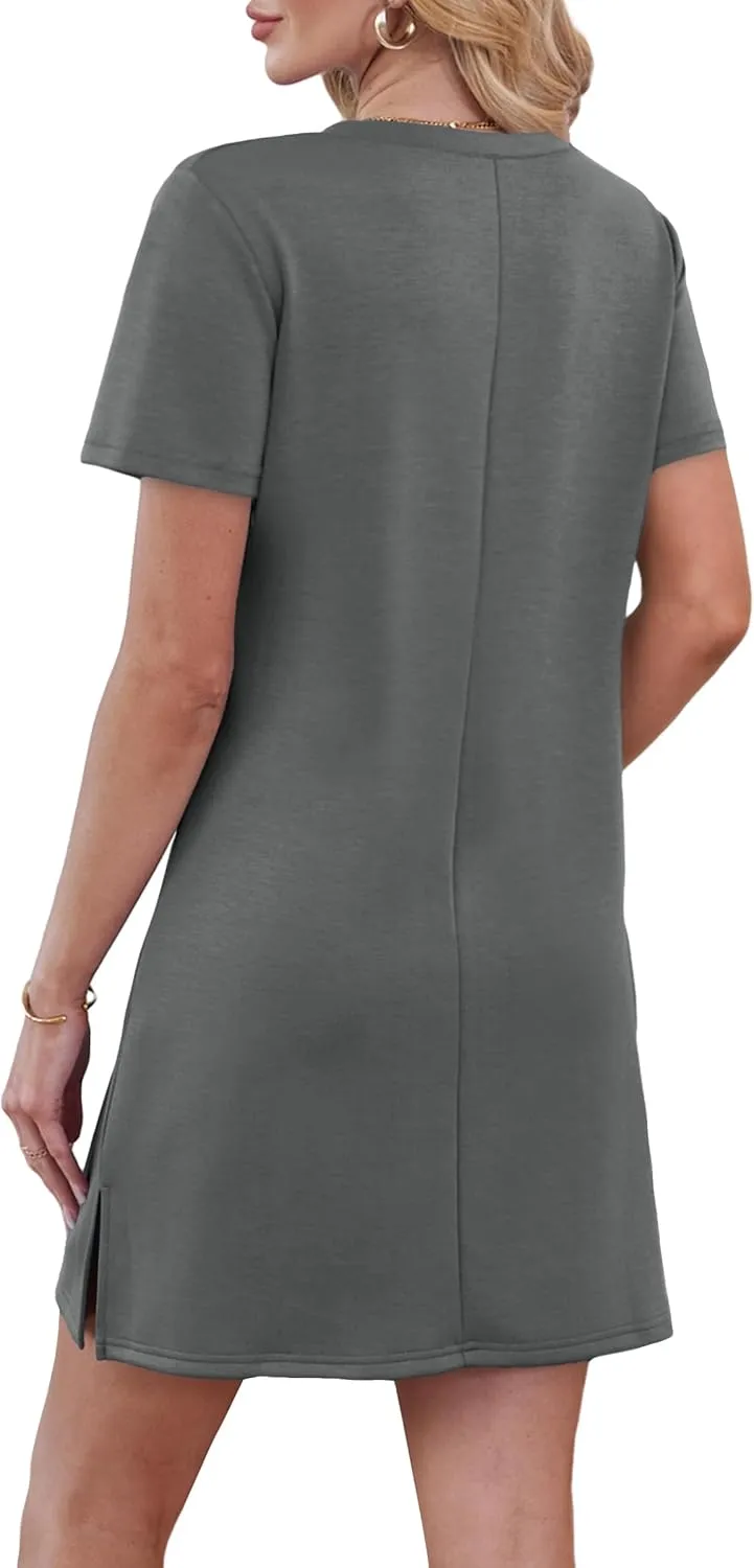 Summer Casual Dresses for Women 2025 Mini Vacation Dress V-Neck Short Sleeve Split Hem Beach Sundress